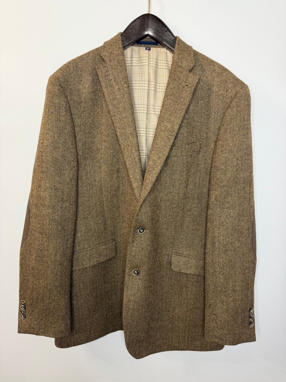 Jos A Bank 1905 Wool Tweed Sport Coat Blazer Men 44L Brown Elbow Patch Academia